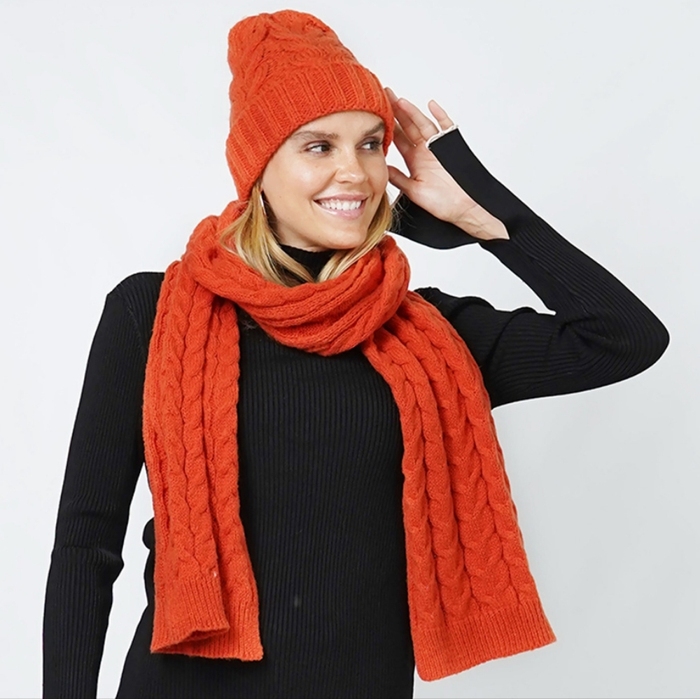 Rust Cable Knit Style Beanie Hat and Scarf Set Winter Fashion Accessory